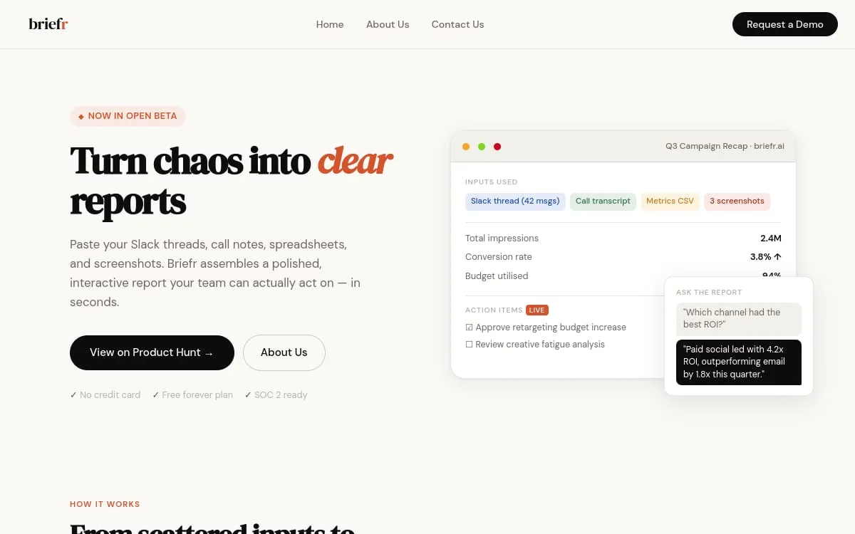 Briefr · turn chaos into clear reports
