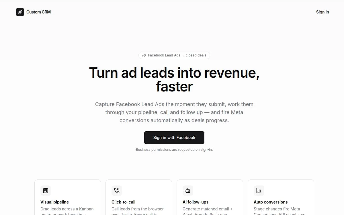 Custom CRM · Facebook Lead Ads to closed deals