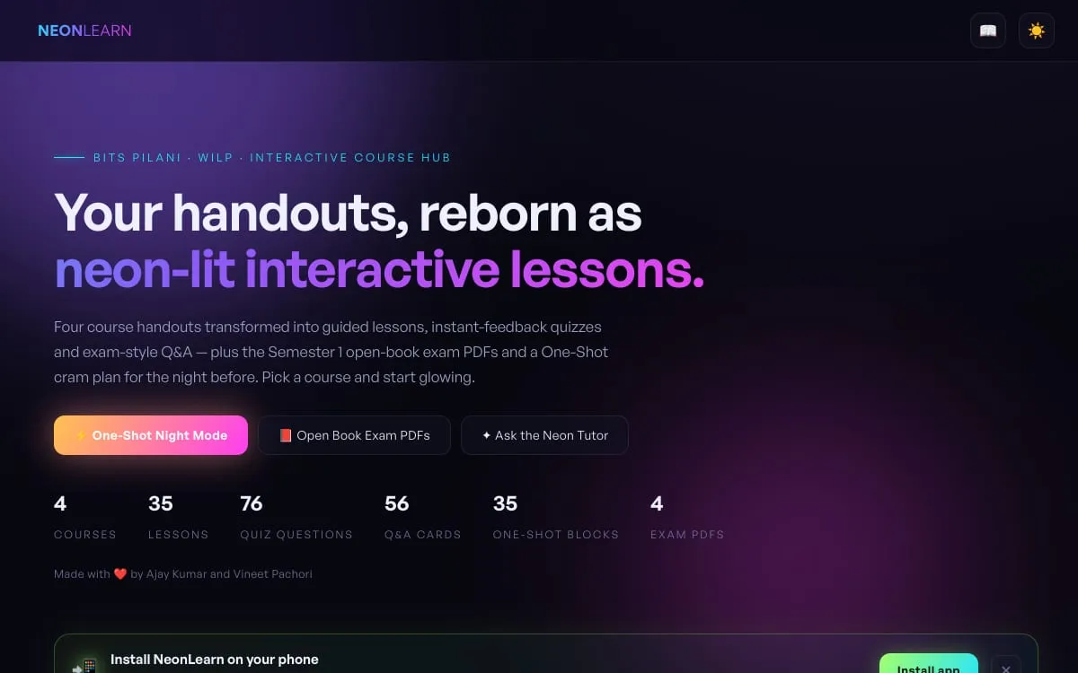 NeonLearn · handouts reborn as interactive lessons